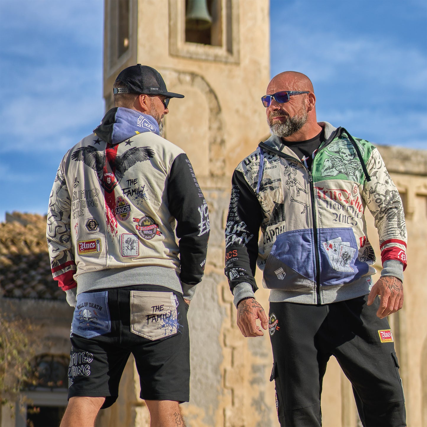 Motorkářský outfit UNCS s potisky a nášivkami, výrazný styl pro muže až do velikosti 6XL.