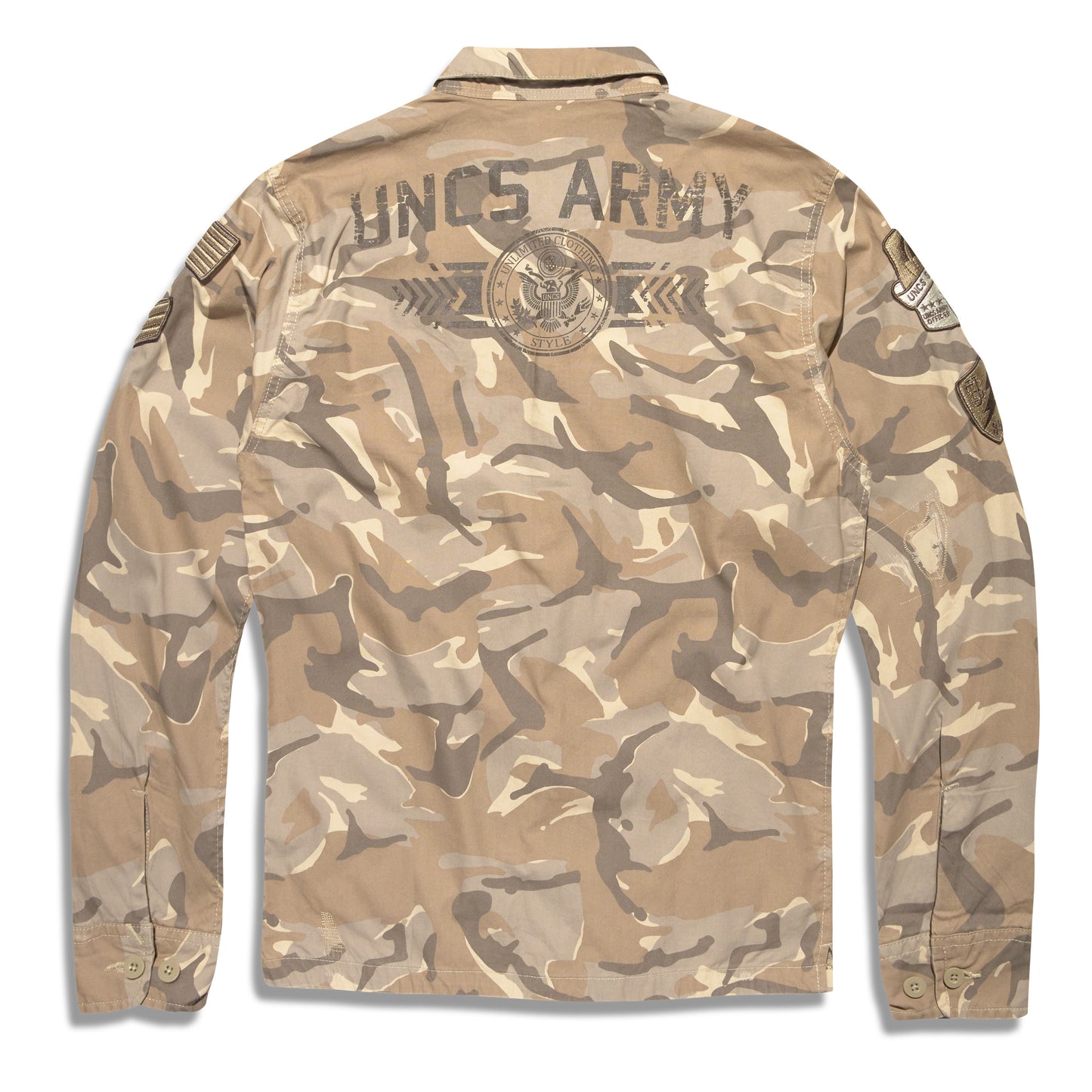 Pánská army bunda UNCS v maskáčovém vzoru s potiskem UNCS ARMY a znakem na zádech, dlouhý rukáv, military styl.