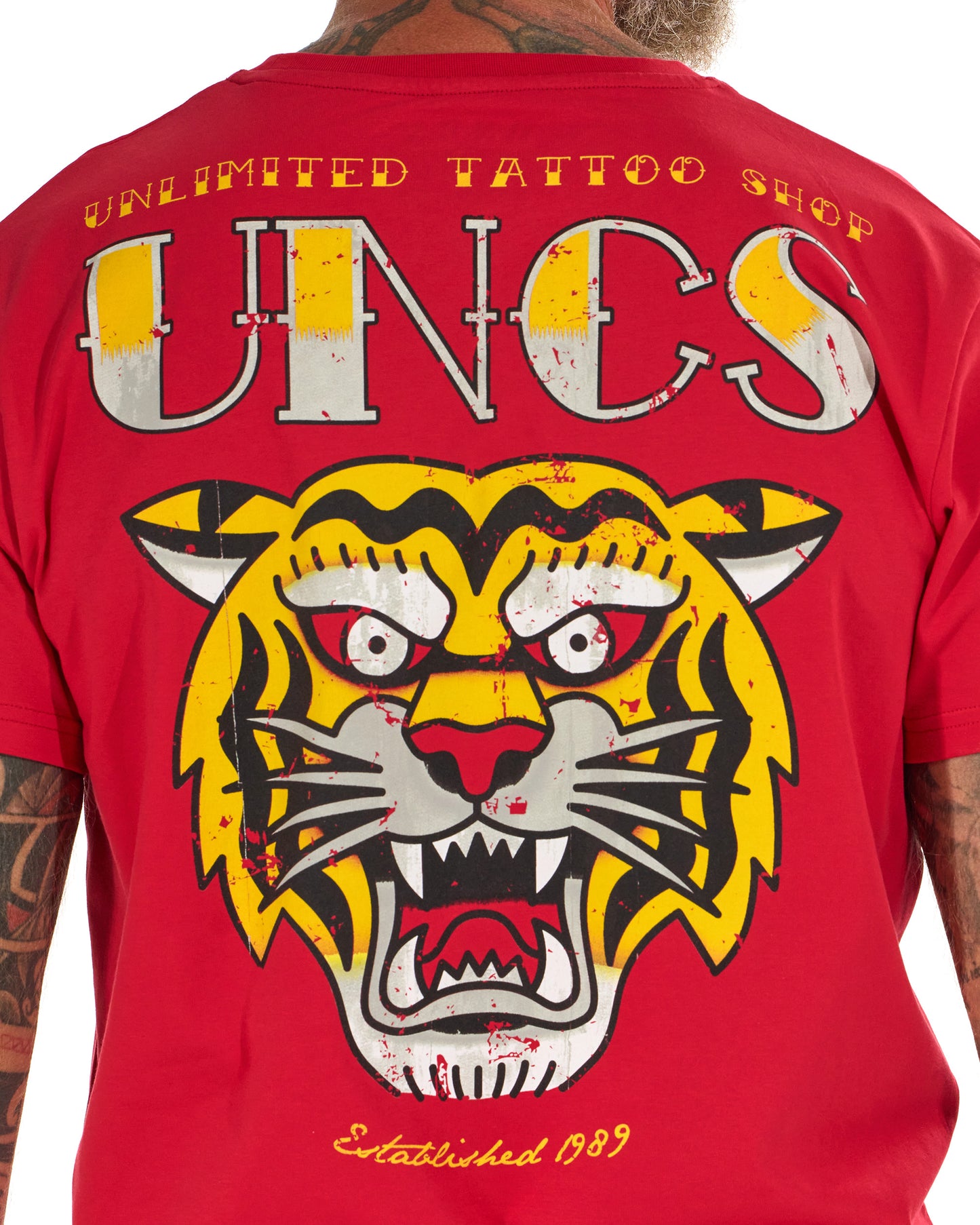 Červené pánské tričko UNCS s tygřím motivem, ideální streetwear pro motorkáře a silné postavy až do 6XL.