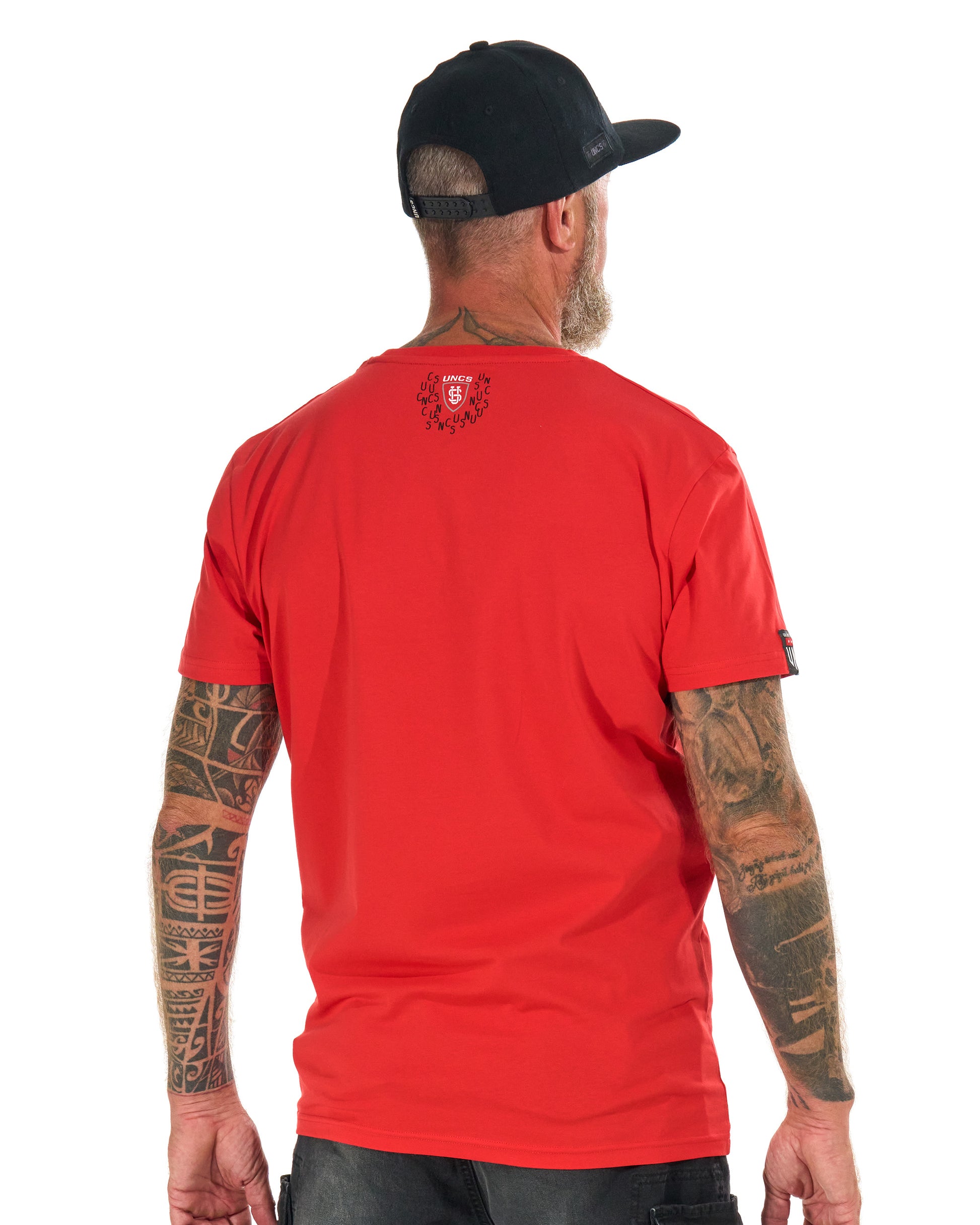UNCS pánské červené tričko, motorkářská móda, pohodlný střih, streetwear styl, velikosti až 6XL.