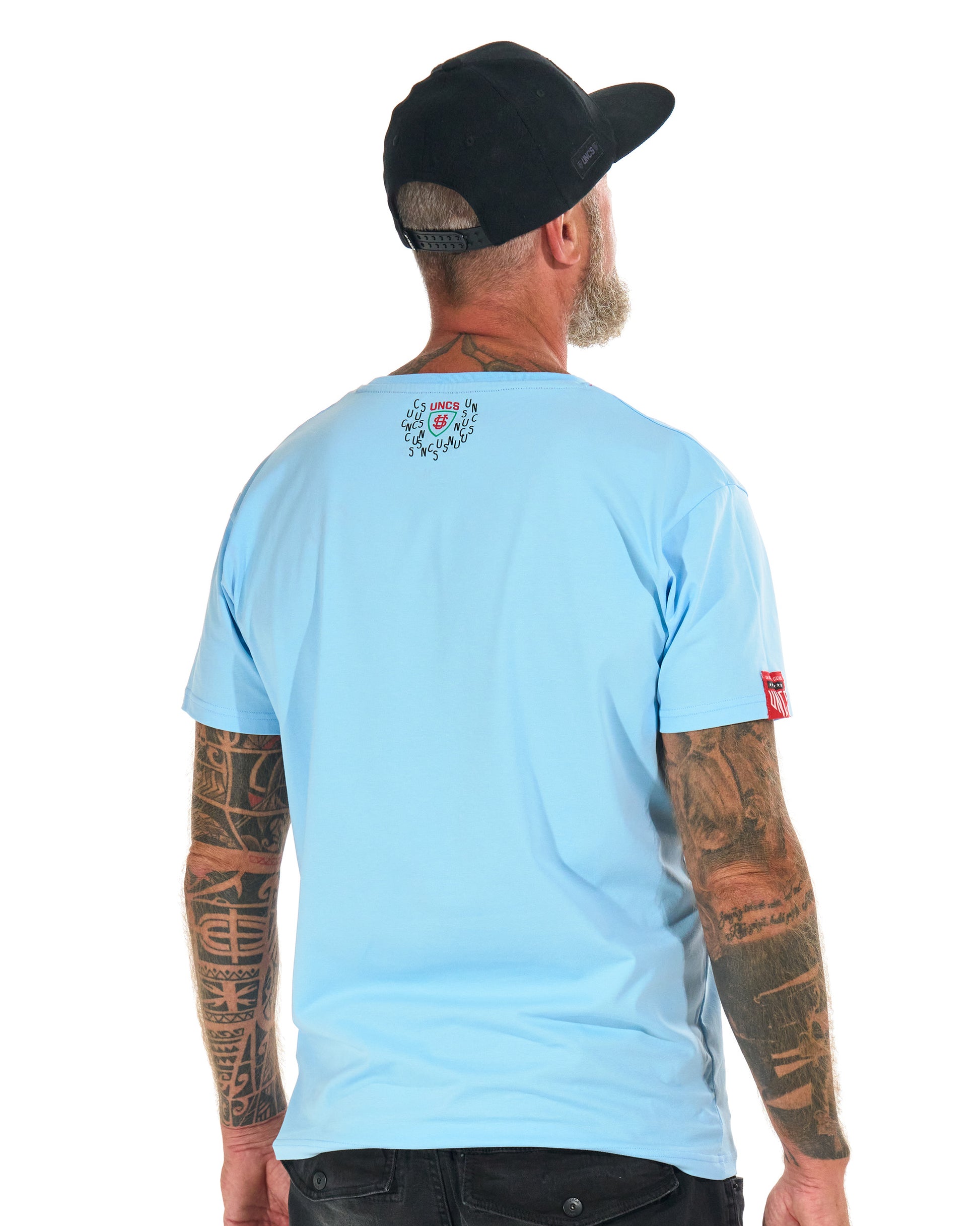 UNCS pánské světle modré tričko z bavlny, streetwear styl, volný střih pro motorkáře i postavy do 6XL.